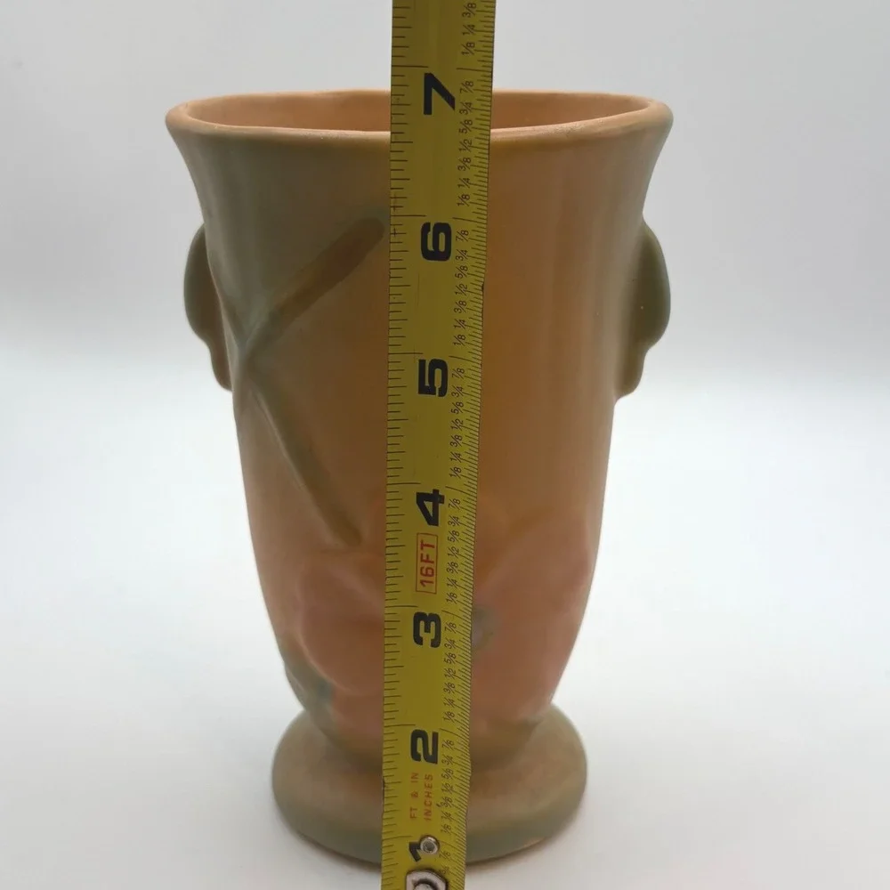 Vintage 1930s Weller Pottery Wild Rose Vase Peach Green Dual Handle 6.5